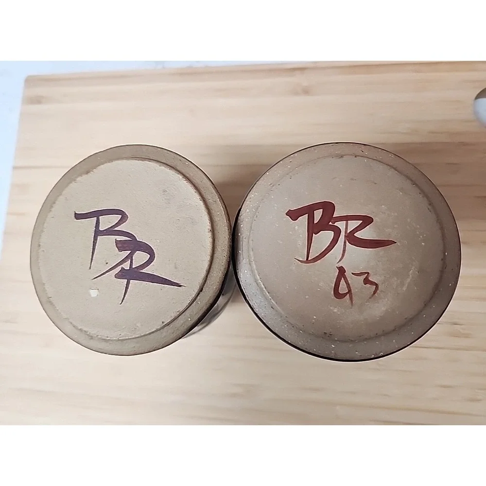 2 Vtg Stoneware Pottery Bud Vases Hand Turned Artist Signed Blue Drip Glaze 5